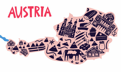 Vector hand drawn stylized map of Austrian landmarks. Travel illustration. Republic of Austria geography illustration. Europe map element