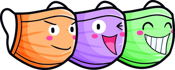 Colorful three facemask cartoon characters