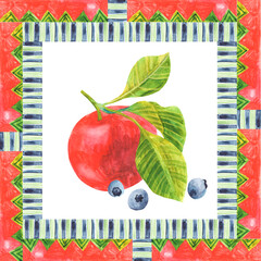 Watercolor square frame with blueberries and apple. Decorative ethnic motives on an isolated white background. Boho style illustration.