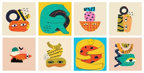 Big Set of Different colored Vector illustartions for posters in Cartoon Flat design. Hand drawn Abstract shapes, faces, different texture funny Comic characters.