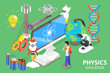 3D Isometric Flat Vector Conceptual Illustration of Physics Learning, Physical Research and Online Education - obrazy, fototapety, plakaty