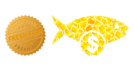 Golden composition of yellow fractions for fish price icon, and gold metallic Fresh Fish seal imitation. Fish price icon composition is formed of randomized gold parts. - 479537870
