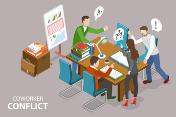 3D Isometric Flat Vector Conceptual Illustration of Coworker Conflict, Angry Colleagues Arguing and Having Dispute Fight - obrazy, fototapety, plakaty