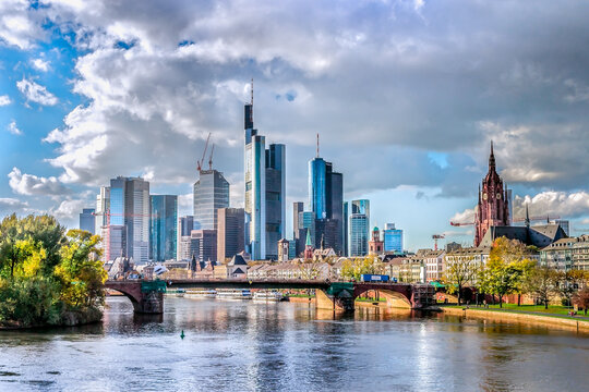Frankfurt am Main, Germany - scenic view of corporate downtown district at sunset