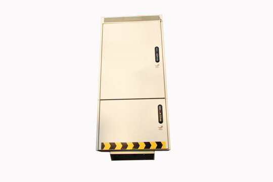Temporary electrical distribution electric control box business installed outside. Main substation, Clipping path, Breaker, power button to distribute electricity supply. Isolated on white background.