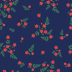 Papier peint Petites fleurs Beau motif vintage. Petites fleurs rouges, feuilles vertes. Fond bleu. Arrière-plan transparent floral. Un modèle élégant pour les imprimés à la mode.