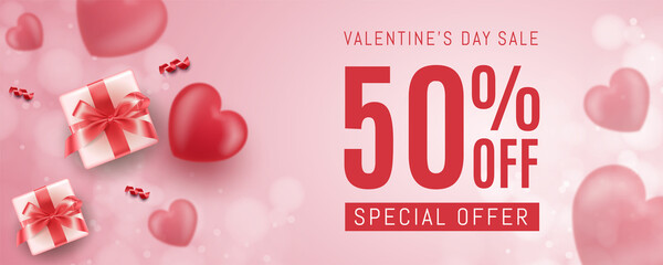 Realistic banner sale commercial editable vector design suitable for banner web advertising valentine day sale with pink background - obrazy, fototapety, plakaty