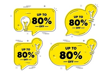 Up to 80 percent off Sale. Idea yellow chat bubbles. Discount offer price sign. Special offer symbol. Save 80 percentages. Discount tag chat message banners. Idea lightbulb balloons. Vector