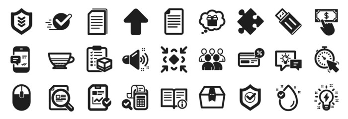 Set of simple icons, such as Minimize, Group, Vitamin e icons. Bill accounting, Gift dream, Mocha signs. Checkbox, Computer mouse, Check article. Package box, Timer, Loud sound. Idea lamp. Vector
