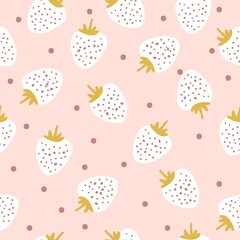 Beautiful abstract berry pattern. White strawberries , yellow leaves . dots. Light pink background. An elegant template for fashionable prints.