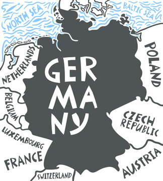 Vector hand drawn stylized map of Germany neighboring countries. Travel illustration. Federal Republic of Germany geography illustration. Europe map element