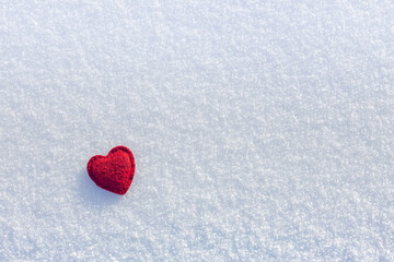 red heart on white snowy background, valentines day mockup, top view