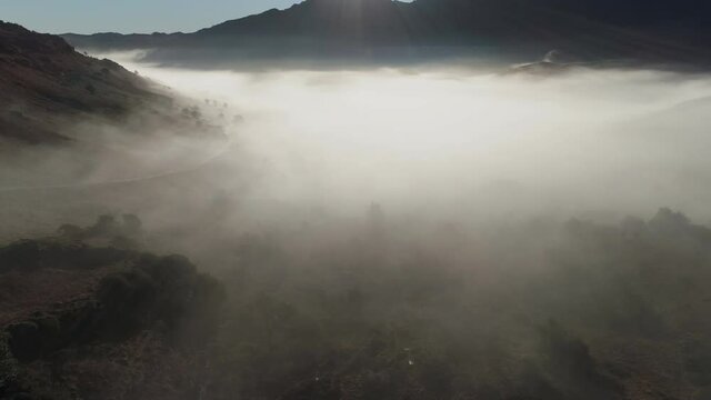 Flying in the fogy blanketed valley