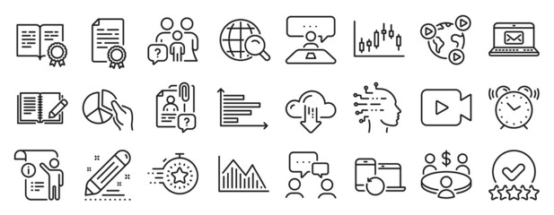 Set of Education icons, such as Interview job, Feedback, Horizontal chart icons. Manual doc, Alarm clock, Brand contract signs. Meeting, Certificate, Video conference. Candlestick graph. Vector