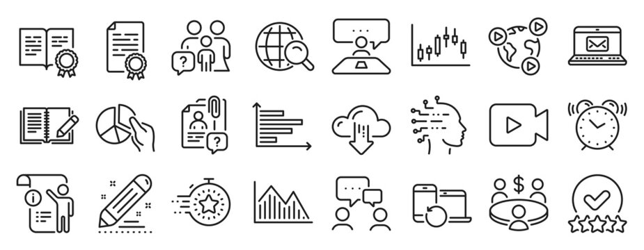 Set of Education icons, such as Interview job, Feedback, Horizontal chart icons. Manual doc, Alarm clock, Brand contract signs. Meeting, Certificate, Video conference. Candlestick graph. Vector