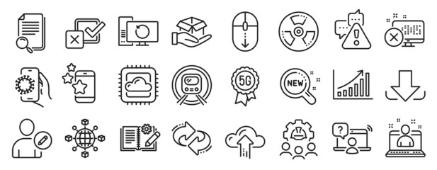 Set of Technology icons, such as Cloud computing, Graph chart, Download icons. Hold box, Scroll down, Covid app signs. 5g technology, Best app, Warning. Chemical hazard, Logistics network. Vector