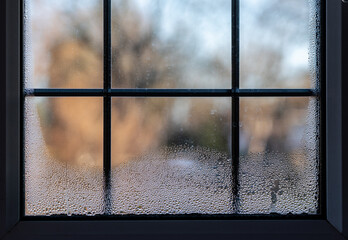 Close-up of a leaded double glazed window with condensation inside on after a very cold night - obrazy, fototapety, plakaty