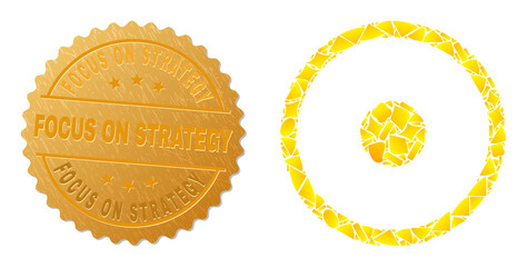 Golden composition of yellow spots for circle center icon, and gold metallic Focus on Strategy stamp seal. Circle center icon collage is created from randomized golden spots.