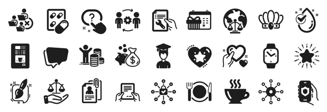 Set of Business icons, such as Question button, Smartwatch, Security app icons. Coffee, Multichannel, Magistrates court signs. Water drop, Hold heart, Interview documents. Coffee vending. Vector