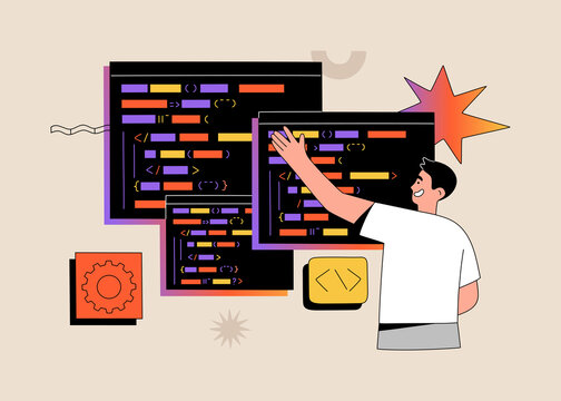 Software developer writes codes on special language on computer. Concept of script coding and web engineering. Hand drawn vector illustration isolated on light background. Modern flat cartoon style.
