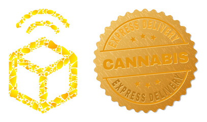 Golden collage of yellow fractions for cargo wifi tracking icon, and golden metallic Express Delivery Cannabis stamp. Cargo wifi tracking icon collage is made of random golden items.