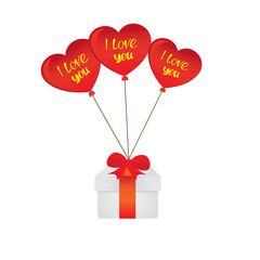Red heart shaped balloons I love you and wite gift box
