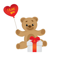 Teddy Bear with heart shaped balloon I love you  and gift box