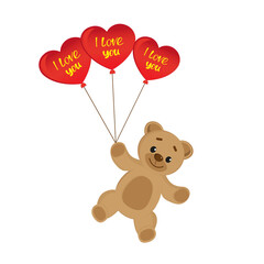 Cartoon character Teddy Bear flying with heart shaped balloons I love you