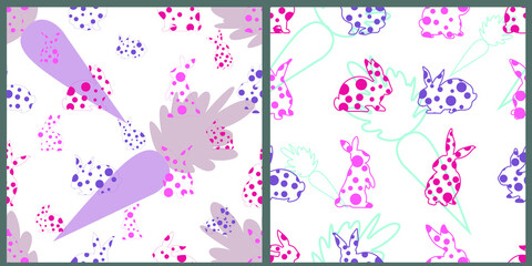 Vector seamless set. The contours of the rabbits are filled with circles and the background of carrots. On an isolated background.
