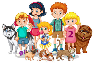 Children with their dogs and cats on white background