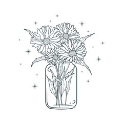 Celestial mason jar with a bouquet of daisies. Hand drawn floral vector illustration  isolated on white background.