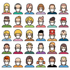 Set of human faces in medical protection mask. Illustration for concepts of disease, coronavirus, virus protection in line colorful design