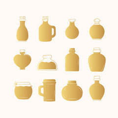 Golden flasks vials and jars icon  isolated set. Spiritual design elements. Vector illustration in boho style.