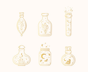 Celestial golden jars and flacons set. Hand drawn  bottles of magic potion isolated on white. Vector illustration for witchcraft. - obrazy, fototapety, plakaty