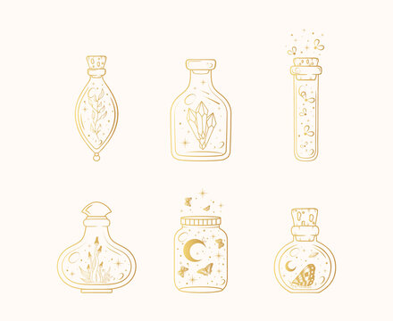 Celestial golden jars and flacons set. Hand drawn  bottles of magic potion isolated on white. Vector illustration for witchcraft.