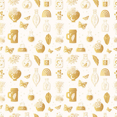Golden seamless pattern with witchcraft potions, celestial  jugs, butterflies and mystical flowers. Hand drawn vector witchy background for wrapping paper or textile.