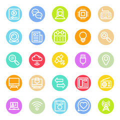 Circle color outline icons for network and communication.