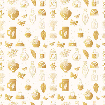 Golden Seamless Pattern With Witchcraft Potions, Celestial  Jugs, Butterflies And Mystical Flowers. Hand Drawn Vector Witchy Background For Wrapping Paper Or Textile.