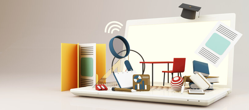 E-learning concept with laptop and wi-fi symbol surrounded by Graduate cap, open books, balloon, Ruler,statistical graph, pencil and magnifying glass on blue and yellow color tone 3d render