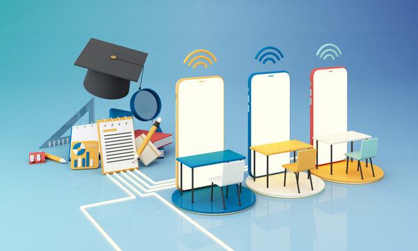 E-learning concept with smart phone and wi-fi symbol surrounded by Graduate cap, open books, balloon, Ruler,statistical graph, pencil and magnifying glass on blue and yellow background 3d render