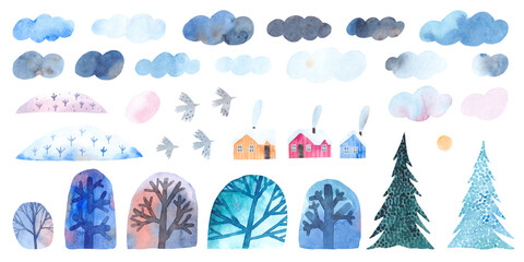 Cute watercolor set of decorative clouds, trees, houses and birds. Childrens illustration in watercolor. Winter nature. Hand drawn cute set for winter holiday decor or celebration card.