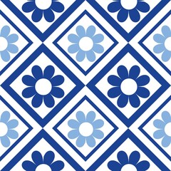 Blue white seamless background with flowers..Abstract, repeating regular pattern for print..Graphic design with regular shapes.