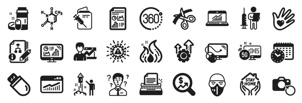 Set of Science icons, such as Success business, Report document, Coronavirus icons. Currency audit, Scissors, Typewriter signs. Fireworks, Vaccination passport, Analytics graph. Seo gear. Vector