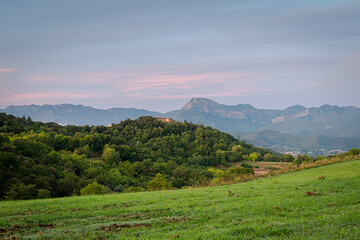 Naklejka premium Morning landscape over the countryside (Garrotxa, Catalonia, Spain, Volca de Aiguanegra)