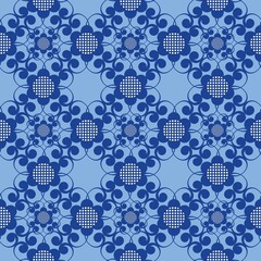 Blue white seamless background with flowers..Abstract, repeating regular pattern for print..Graphic design with regular shapes.