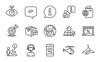 Business icons set. Included icon as Target goal, Solar panels, Travel passport signs. Eye laser, Market, Slow fashion symbols. Consultant, Helicopter, Message. Vip parcel, Global business. Vector