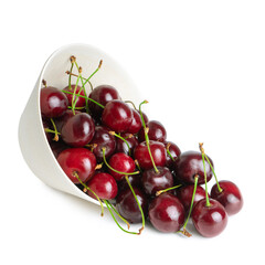 Heap of fresh cherry fruit in bowl isolated on white background