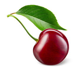 Cherry isolated. One cherry with leaf on white background. Sour cherri on white. With clipping...