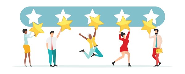 Customer feedback, testimonial, online survey concept. Group of people rating customer experience, writing review, leaving feedback. Client, user satisfaction. Isolated flat vector illustration