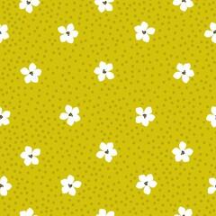 Beautiful vintage pattern. White flowers, mustard dots. Yellow background. Floral seamless background. An elegant template for fashionable prints.